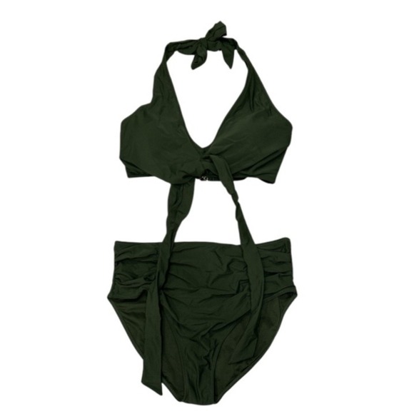 Halter High Waist Two-Piece‎ Swimsuit Tie Knot Green NWOT - Picture 8 of 10